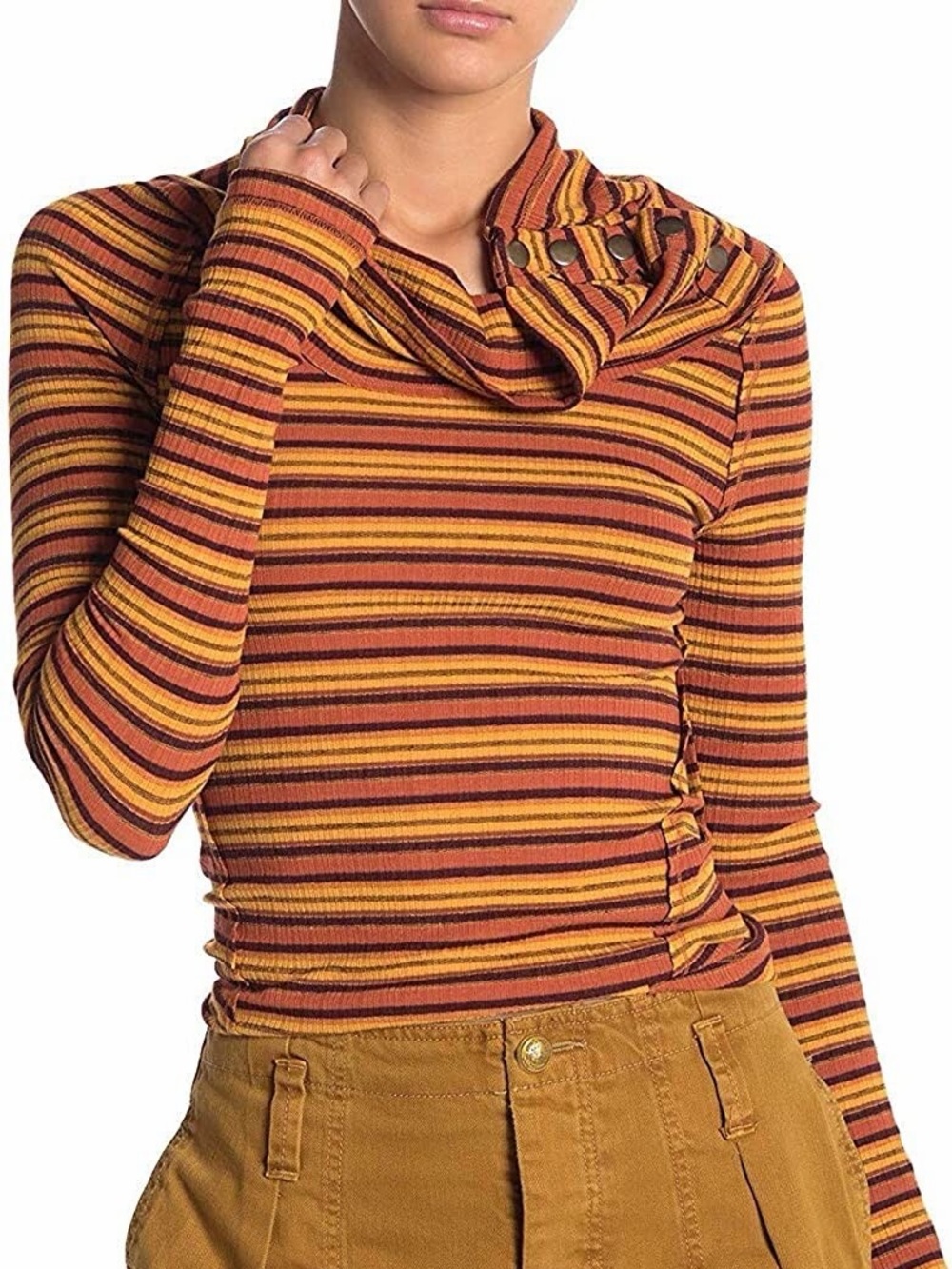 Free People Cape Cod Ribbed Striped Cowl Neck Orange Yellow Size Large